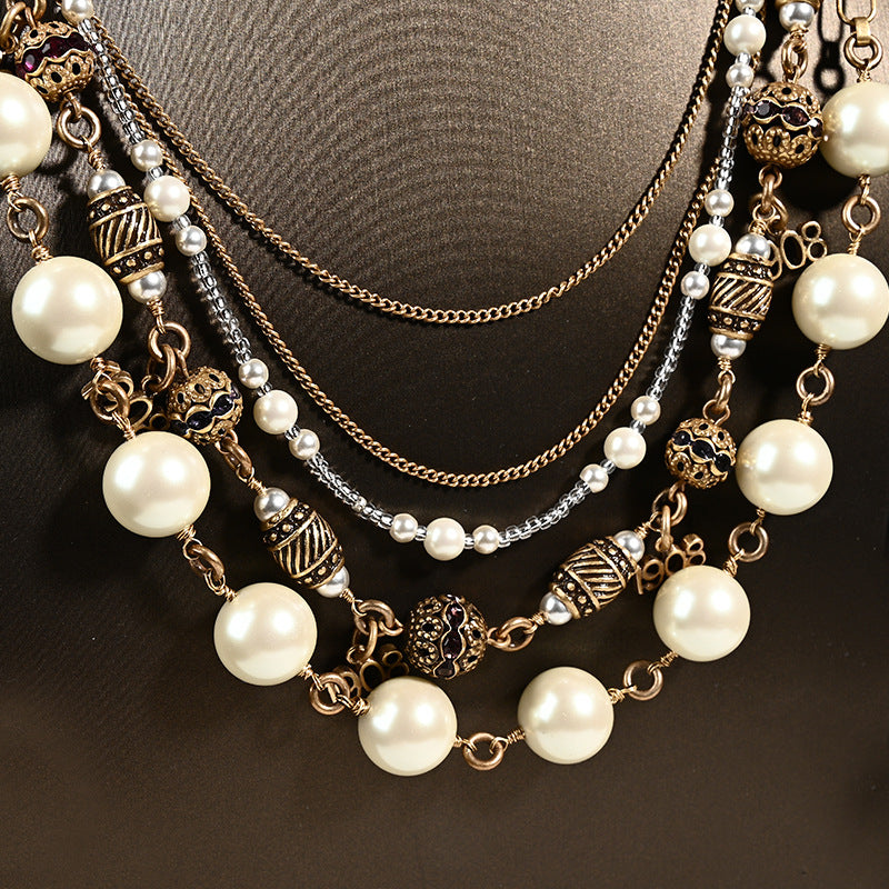 Vintage Cascade Mixed-Metal Pearl Collar