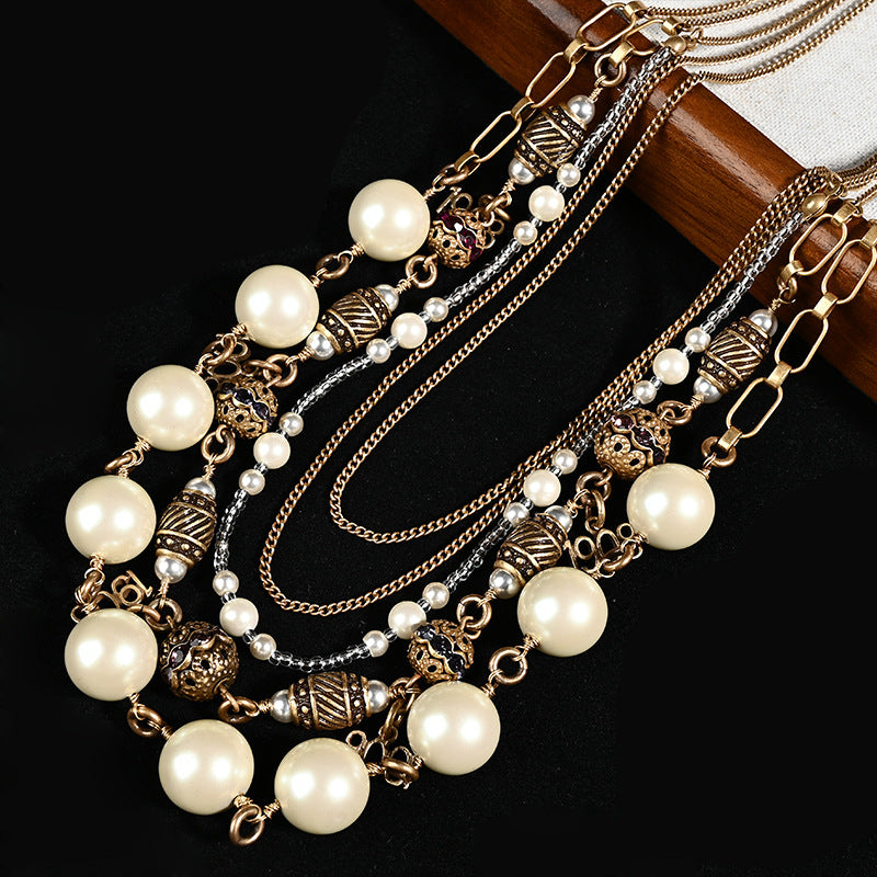Vintage Cascade Mixed-Metal Pearl Collar