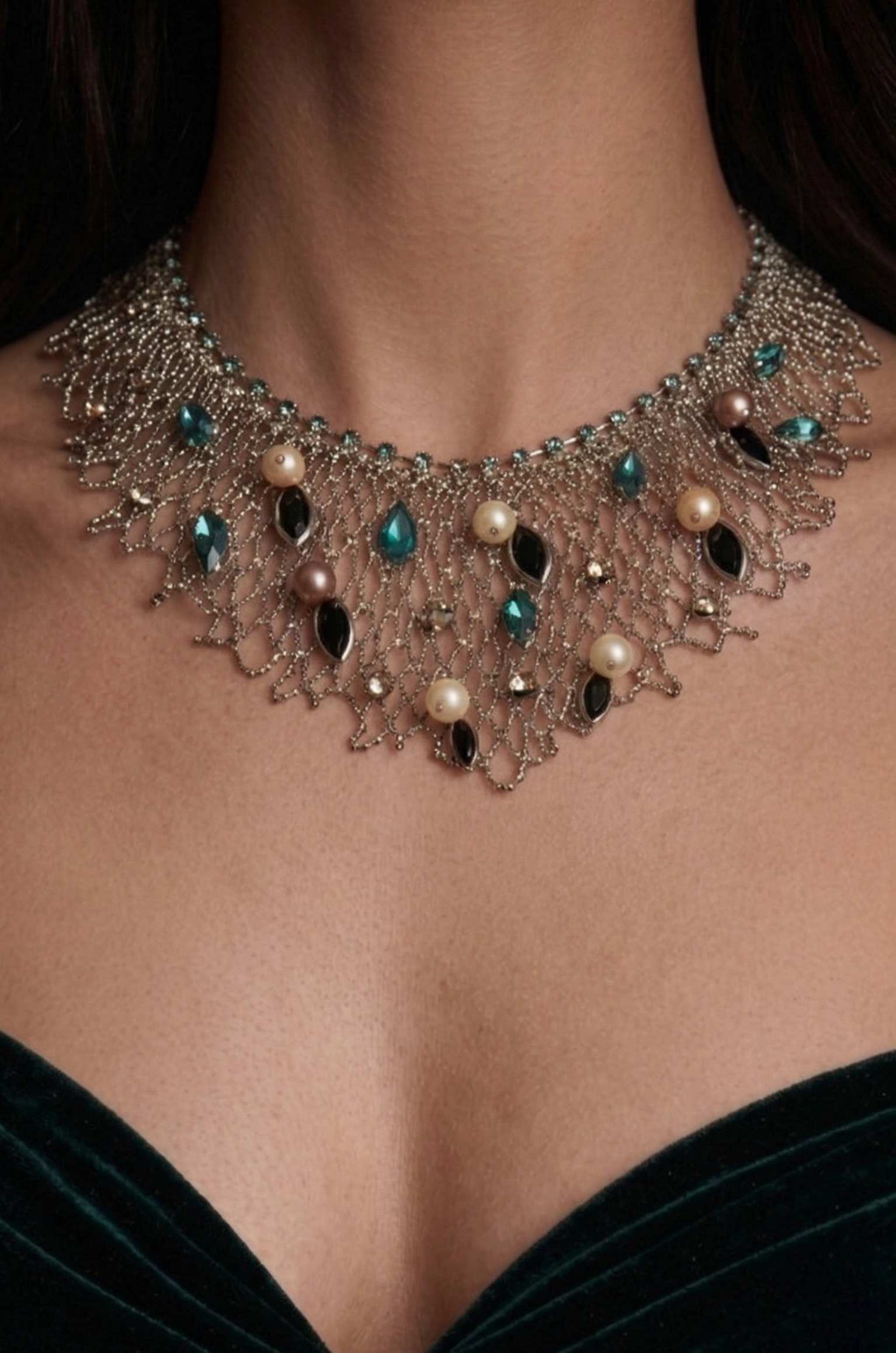 Metallic Lace & Jewel Statement Collar